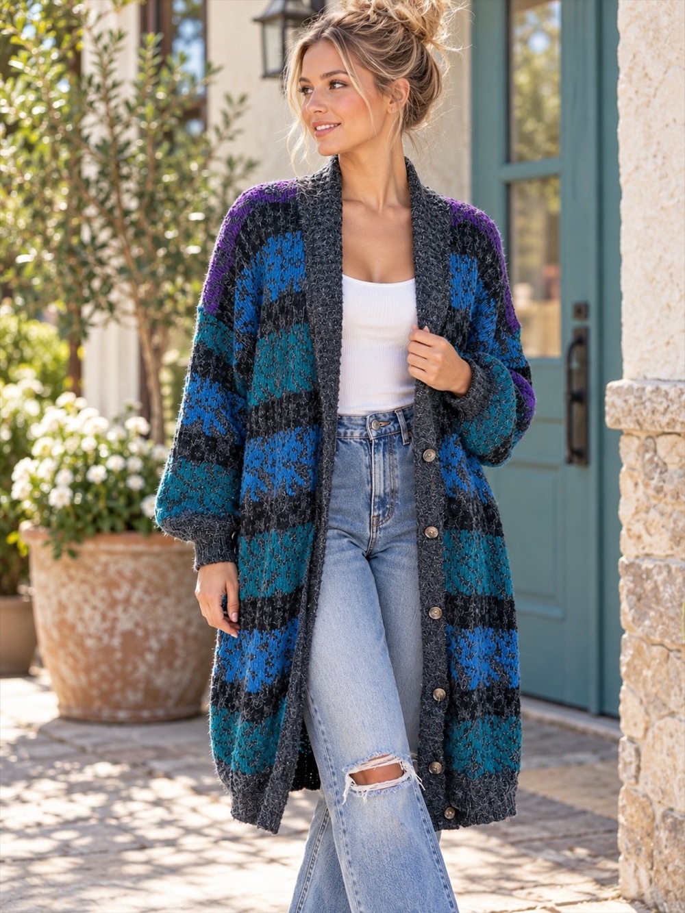 Vintage French Connection Oversized Long Cardigan Sweater Coat Large 80s 90s